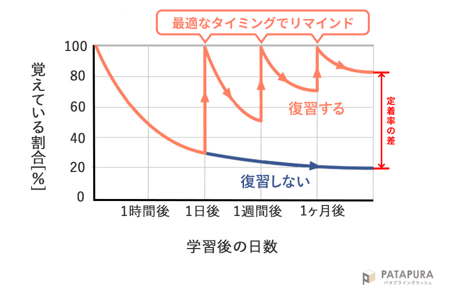 復習した場合の忘却曲線